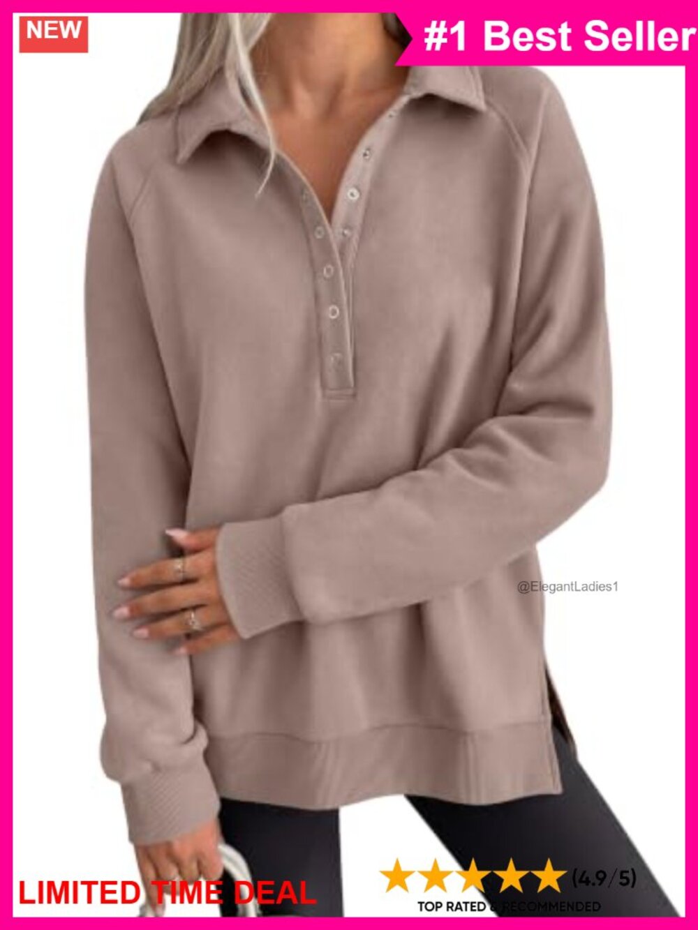 Oversized Button Up Henley Sweatshirt Fleece Lined Pullover Casual